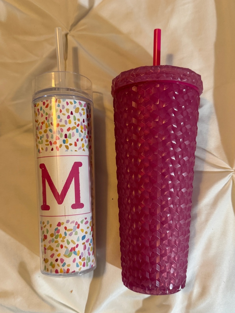 Hot Pink Textured Tumbler & Personalized Confetti M Initial Tumblers!